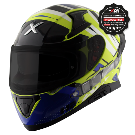 Kask integralny Axor Apex - Hex 2 neonowożółty niebieski połysk